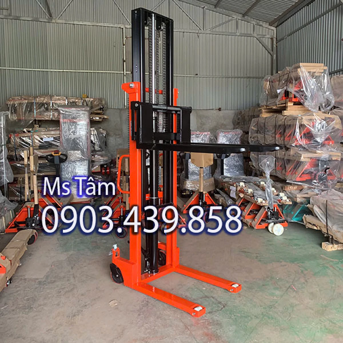 Xe nâng chiều cao 3m đang nâng pallet hàng trong kho