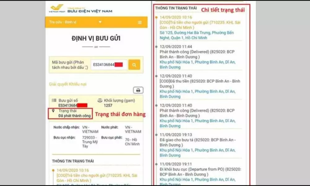 Kết quả tra cứu đơn hàng bưu điện trên website VNPost