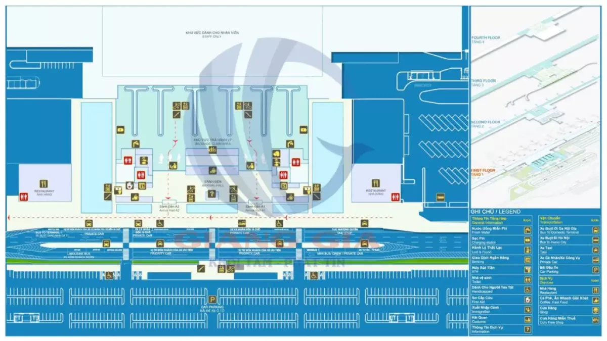 Sơ đồ mặt bằng sân bay Nội Bài tầng 1 - nhà ga T2