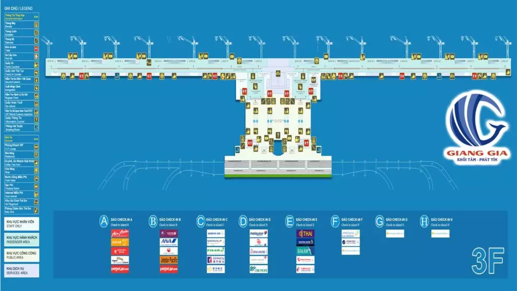 Sơ đồ mặt bằng sân bay Nội Bài tầng 3 - nhà ga T2