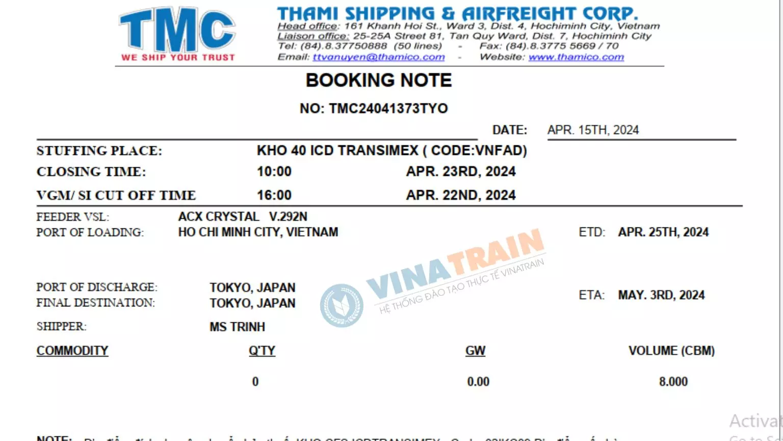 VGM/Cut off time/Cut off SI trên Booking Note