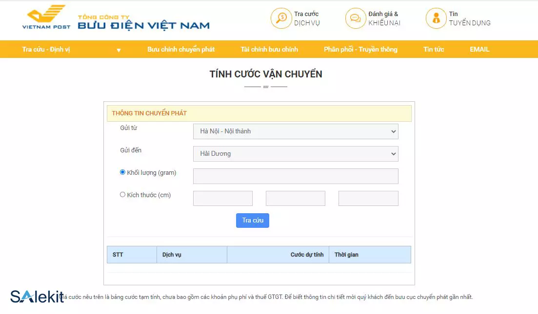 Giao diện tra cứu giá cước bưu điện online