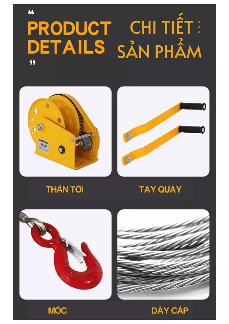 Cấu tạo chi tiết của tời tay quay 1200LBS với vỏ thép sơn tĩnh điện